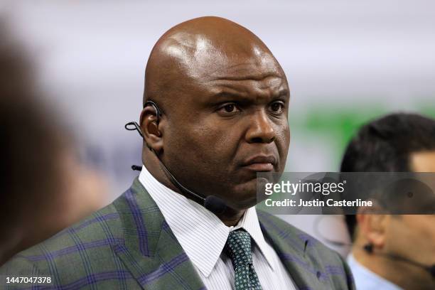 Former NFL player and current NFL analyst Booger McFarland looks on in the game between the Pittsburg Steelers and the Indianapolis Colts at Lucas...