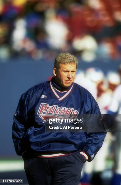 Head Coach Bill Parcells of the New England Patriots follows the action during the game between the New England Patriots vs the New York Giants at...