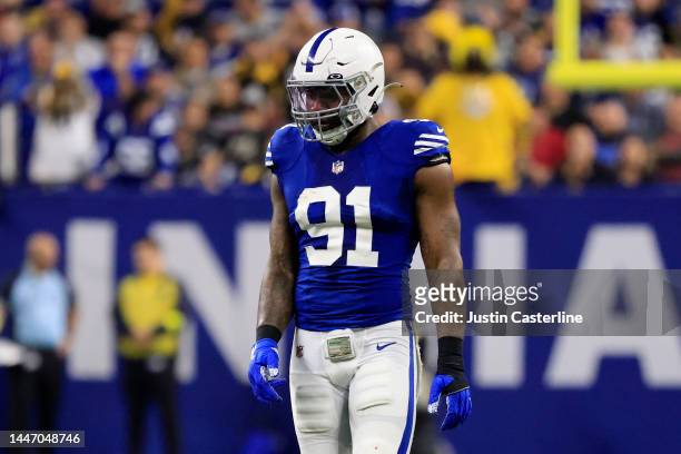 Yannick Ngakoue of the Indianapolis Colts on the field in the game against the Pittsburgh Steelers at Lucas Oil Stadium on November 28, 2022 in...