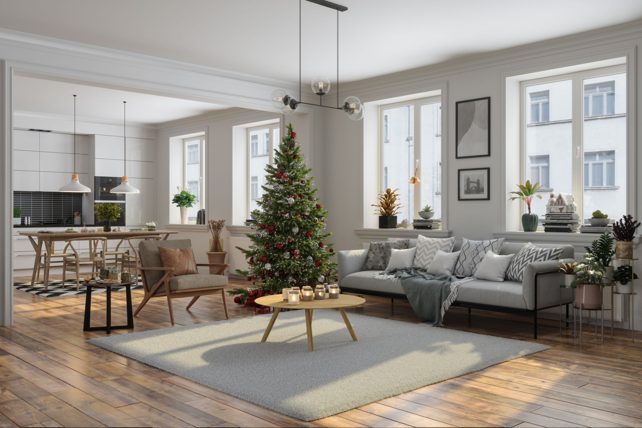 Modern Living Room Interior Decorated With Christmas Tree, Ornaments And Gift Boxes. Open Plan Kitchen With Wooden Dining Table And Chairs Modern Living Room Interior Decorated With Christmas Tree, Ornaments And Gift Boxes. Open Plan Kitchen With Wooden Dining Table And Chairs