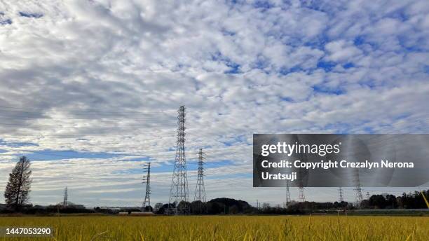 non urban scene with steel towers and beautiful clouds - tetto stock-fotos und bilder