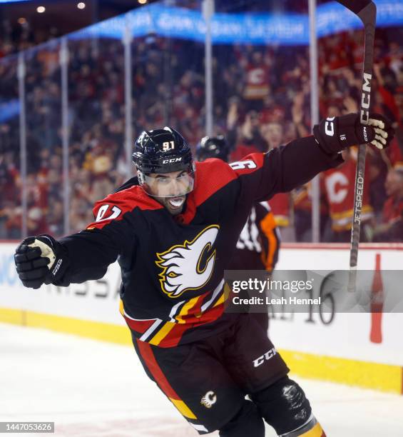 Nazem Kadri of the Calgary Flames celebrates his game winning goal 3-2 in the third period against the the Arizona Coyotes at the Scotiabank...