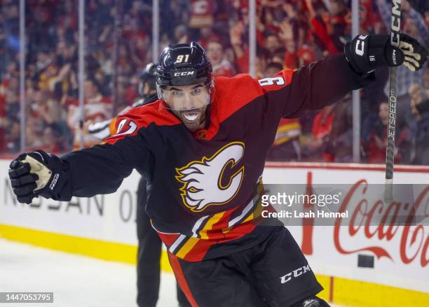 Nazem Kadri of the Calgary Flames celebrates his game winning goal 3-2 in the third period against the the Arizona Coyotes at the Scotiabank...