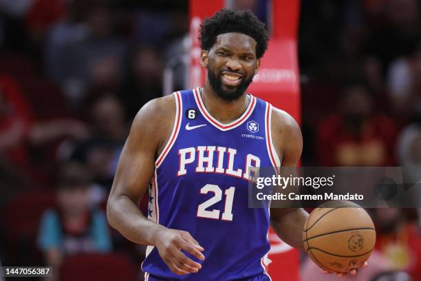 Joel Embiid of the Philadelphia 76ers reacts against the Houston Rockets during the first half at Toyota Center on December 05, 2022 in Houston,...