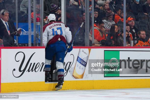 Alex Galchenyuk of the Colorado Avalanche skates to the penalty box against the Philadelphia Flyers at the Wells Fargo Center on December 5, 2022 in...