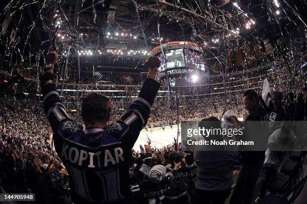 Fans celebrate after the Los Angeles Kings defeat the Phoenix Coyotes in Game Three of the Western Conference Final during the 2012 NHL Stanley Cup...