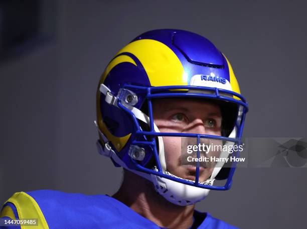 John Wolford of the Los Angeles Rams reacts as he waits in the tunnel before the game against the Seattle Seahawks at SoFi Stadium on December 04,...