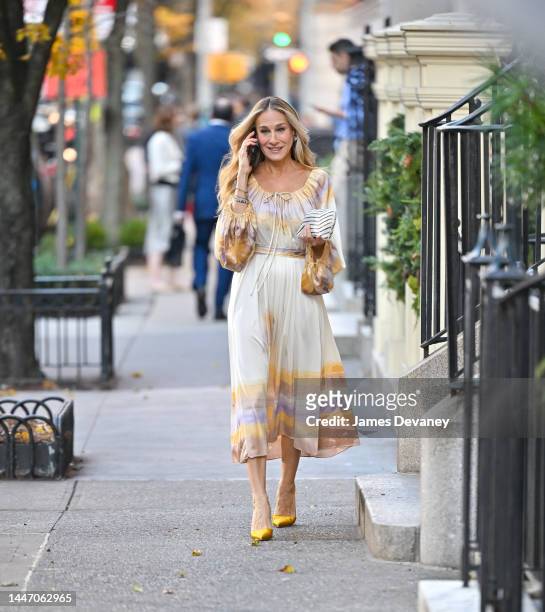 Sarah Jessica Parker is seen on the set of "And Just Like That..." Season 2 the follow up series to "Sex and the City" on the Upper East Side on...