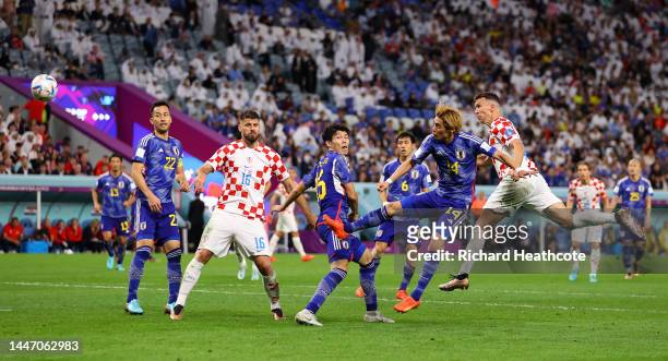 Ivan Perisic of Croatia scores the team's first goal during the FIFA World Cup Qatar 2022 Round of 16 match between Japan and Croatia at Al Janoub...