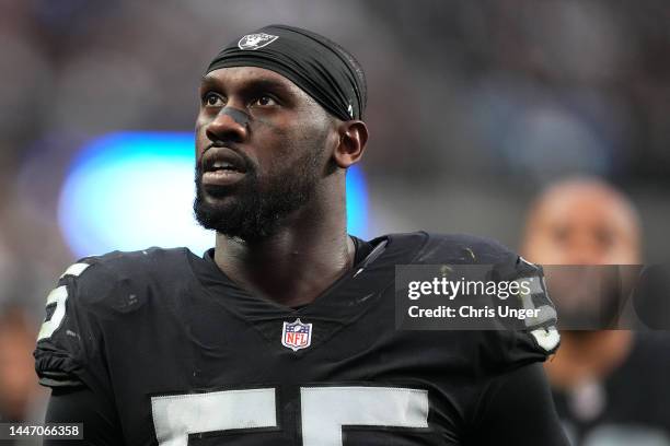 Defensive end Chandler Jones of the Las Vegas Raiders walks off the field after the first half of a game against the Los Angeles Chargers at...