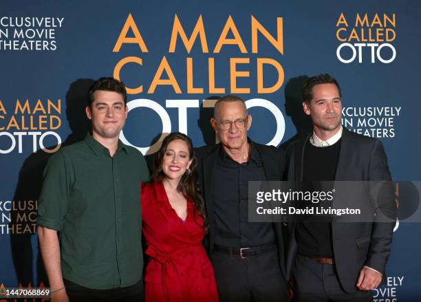 Truman Hanks, Mariana Treviño, Tom Hanks and Manuel Garcia-Rulfo attend a photo call for Columbia Pictures "A Man Called Otto" at the Academy Museum...