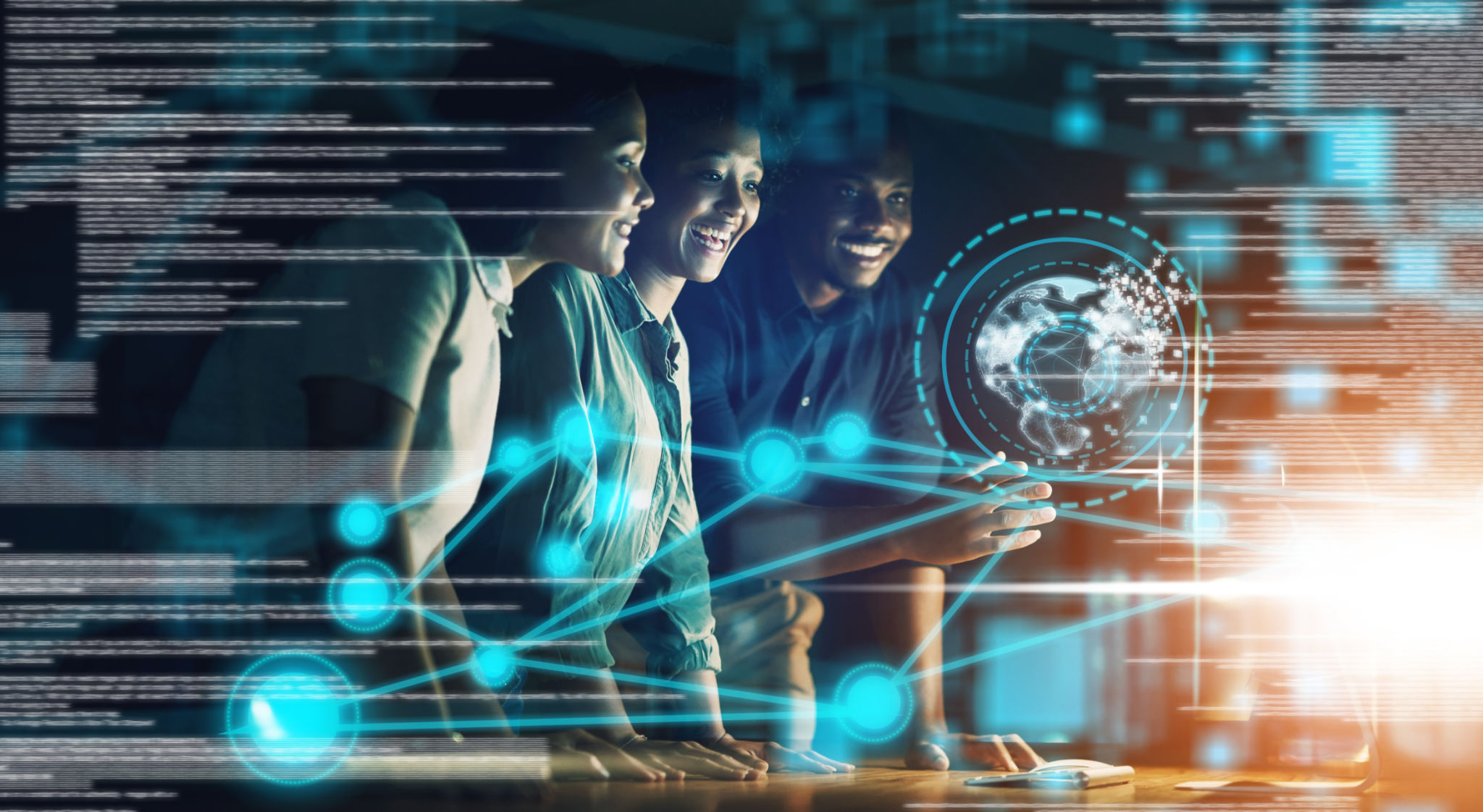 Global hologram, business people and digital transformation with scifi, cyberpunk or information technology light innovation background. Futuristic, 3D design for future ai globe networking software Global hologram, business people and digital transformation with scifi, cyberpunk or information technology light innovation background. Futuristic, 3D design for future ai globe networking software