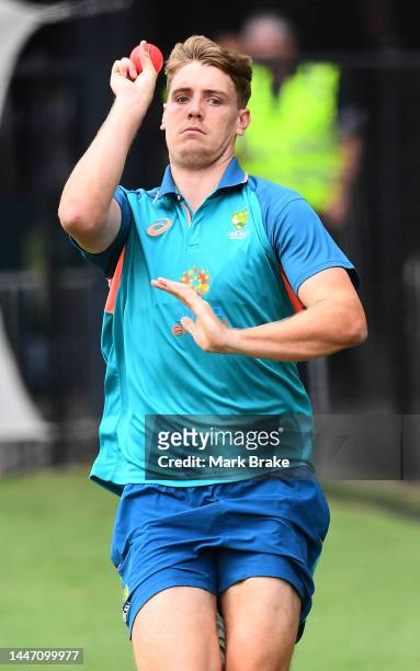 Cameron Green of Australia bowls during an Australian Test squad training session at Adelaide Oval on December 06, 2022 in Adelaide, Australia.