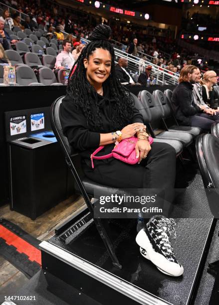 Actress Crystal Hayslett attends the game between the Oklahoma City Thunder and the Atlanta Hawks at State Farm Arena on December 05, 2022 in...