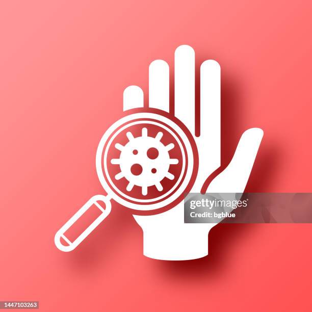 hand contaminated with coronavirus. icon on red background with shadow - skin under microscope stock illustrations