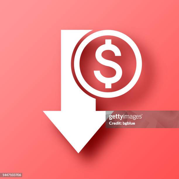 dollar decrease. icon on red background with shadow - arrow down stock illustrations