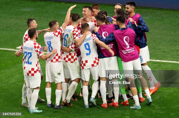 Ivan Perišić of Croatia is congratulated after scoring in the second half against Japan during the FIFA World Cup Qatar 2022 Round of 16 match...