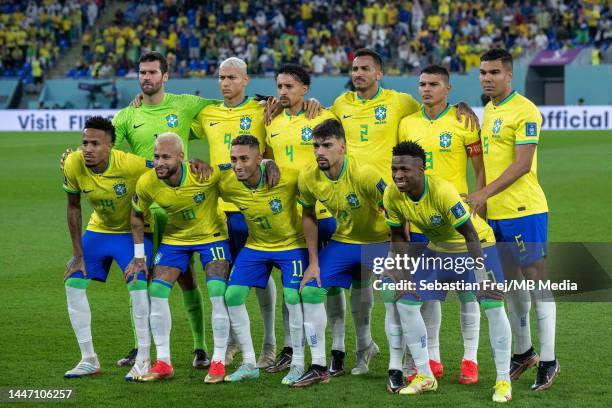 Brazil team photo from LtR Alisson, Richarlison, Marquinhos, Bremer, Thiago Silva, Casemiro, Éder Militão, Neymar Jr, Raphinha, Lucas Paqueta,...