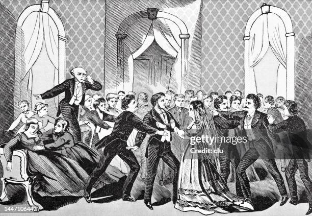 two men fight for a woman surrounded by many people - mature adult couple stock illustrations