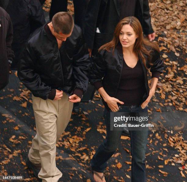 Brad Pitt and Angelina Jolie are seen on the set of Mr. And Mrs. Smith on April 02, 2004 in Los Angeles, California.