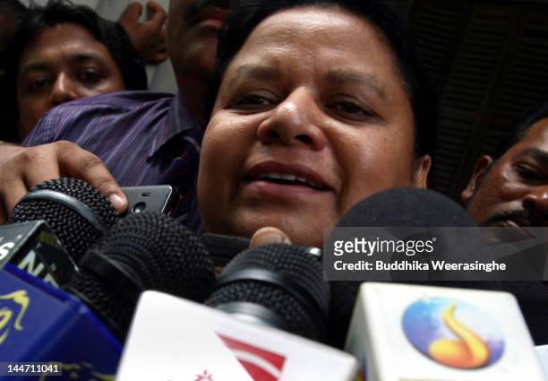 Anoma Fonseka, wife of ex-Army chief Sarath Fonseka, speaks to journalists after her husband was granted bail at High Court on May 18, 2012 in...