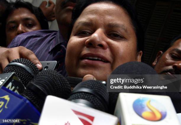 Anoma Fonseka, wife of ex-Army chief Sarath Fonseka, speaks to journalists after her husband was granted bail at High Court on May 18, 2012 in...