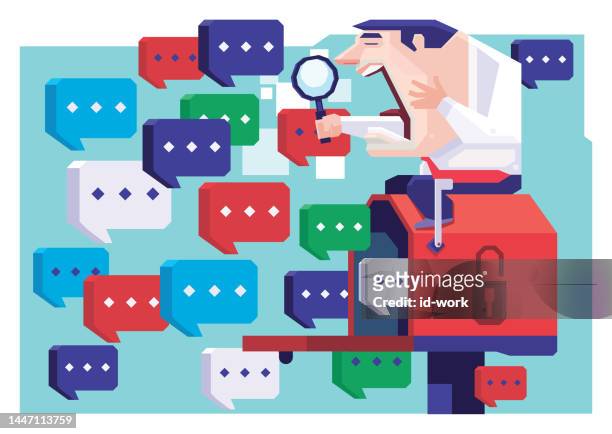 businessman sitting on mailbox and screaming while searching messages with magnifying glass - excess icon stock illustrations