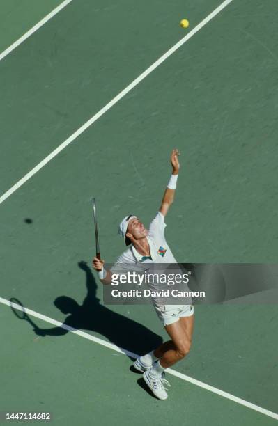 Ivan Lendl from Czechoslovakia keeps his eyes on the tennis ball as he serves against compatriot Miloslav Mecír during their Men's Singles Final...