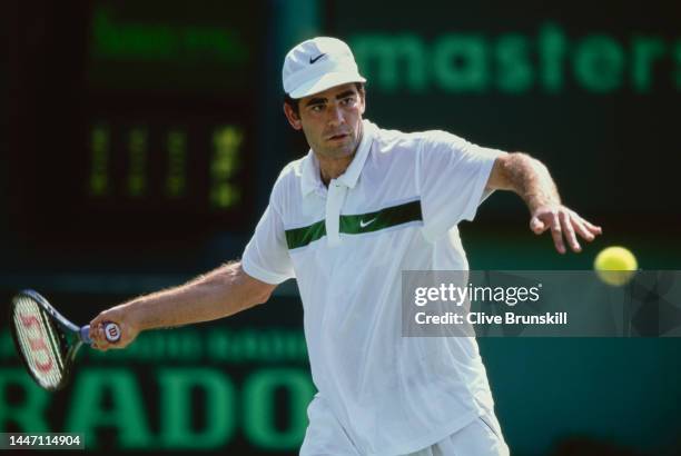 Pete Sampras from the United States plays a forehand return to Nicolas Lapentti of Ecuador during their Men's Singles Quarterfinal match at the ATP...