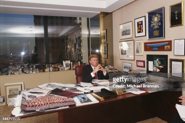 American businessman Donald Trump in his office in Trump Tower, Fifth Avenue, New York, 1999.