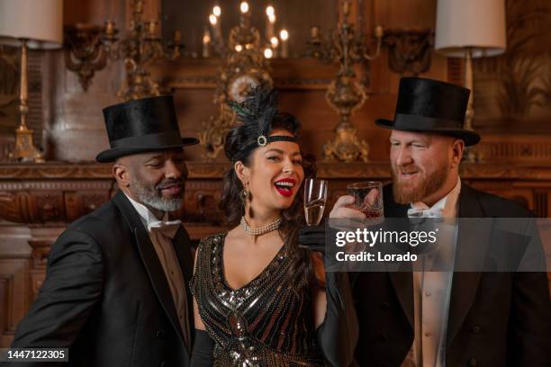 a woman and two 1920s style gentlemen in a luxury brown bar - flapper stock pictures, royalty-free photos & images