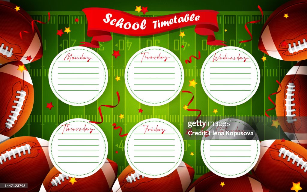 Weekly, diary in sports cartoon style. Sports balls for playing American football on the background of the football field.