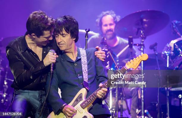 Brandon Flowers of The Killers and guitarist Johnny Marr performs live on the Pyramid stage during the 2019 Glastonbury Festival at Worthy Farm,...