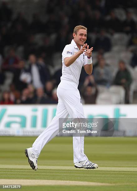 Stuart Broad of England celebrates taking his 7th wicket, that of Shannon Gabriel of the West Indies during day 2 of the 1st Investec Teat Match...