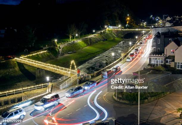 lights in lynmouth along the river lyn, devon - exmoor national park night stock pictures, royalty-free photos & images