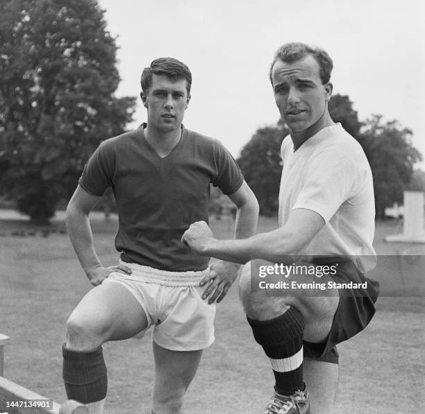 English footballers Geoff Hurst of West Ham and Dennis Edwards of Charlton Athletic during training with the England national team on May 17th 1961.