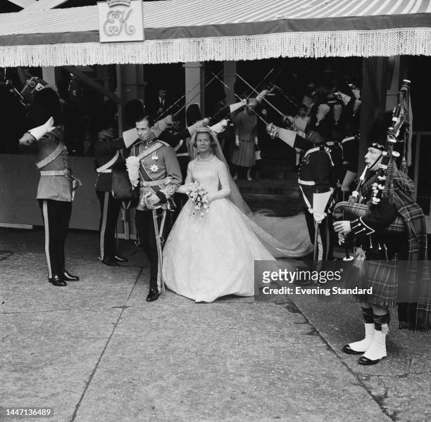 Katharine, Duchess of Kent, and Prince Edward, Duke of Kent, pictured after their wedding ceremony at York Minster on June 8th, 1961.