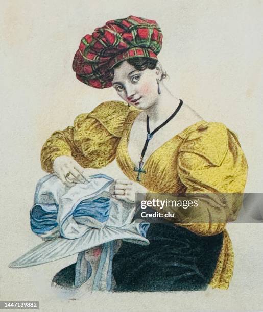 milliner at work, young woman with hat makes a new hat - hat maker stock illustrations