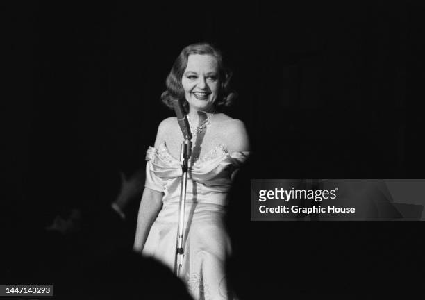 American actress Tallulah Bankhead , wearing an off-shoulder outfit, on stage at the Sands Hotel & Casino, on the Las Vegas Strip in Las Vegas,...