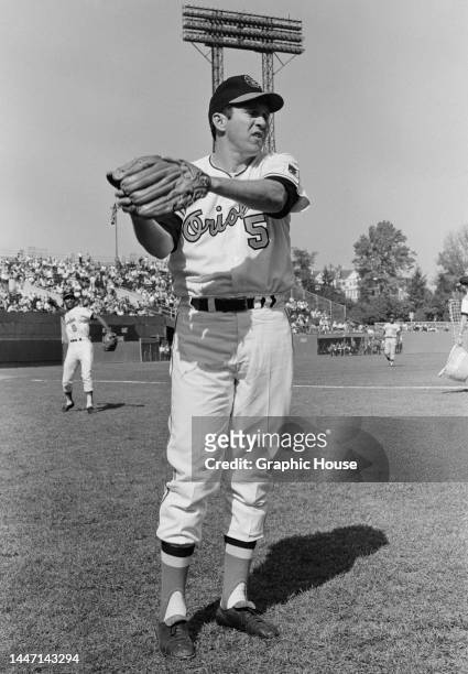 American baseball player Brooks Robinson, Baltimore Orioles third baseman, during a match at the Orioles' home stadium, the Memorial Stadium, in...