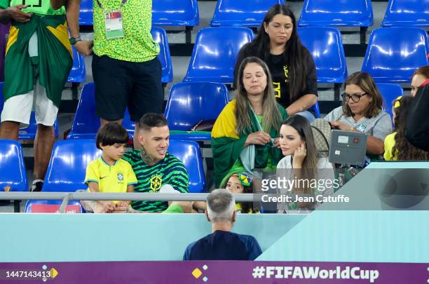 Brazil goalkeeper Ederson Santana de Moraes and his wife Lais Moraes following the FIFA World Cup Qatar 2022 Round of 16 match between Brazil and...
