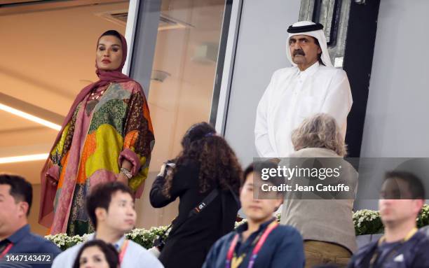 Former Emir of Qatar, Father Amir Sheikh Hamad bin Khalifa Al Thani and his wife Sheikha Moza bint Nasser Al-Missned attend the FIFA World Cup Qatar...