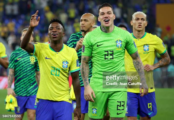 Vinicius Junior, Brazil goalkeeper Ederson Santana de Moraes, Richarlison de Andrade of Brazil celebrate the victory following the FIFA World Cup...