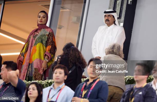 Former Emir of Qatar, Father Amir Sheikh Hamad bin Khalifa Al Thani and his wife Sheikha Moza bint Nasser Al-Missned attend the FIFA World Cup Qatar...