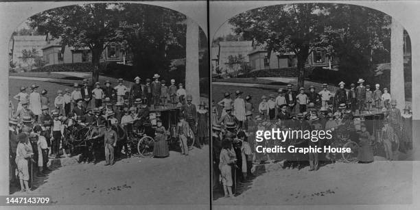 Stereoscopic image showing Italian circus performer Count Primo Magri holding the reins, and his wife, American circus performer Lavinia Warren ,...