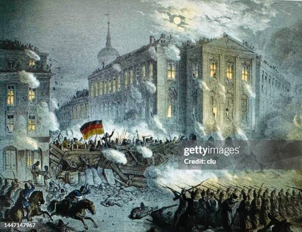 ilustrações de stock, clip art, desenhos animados e ícones de revolution in berlin, barricade fights on alexanderplatz in the night of march 18/19, 1848 - revolução