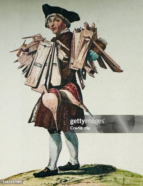 nomadic dealer loaded with wooden traps and bellows - bellows stock illustrations