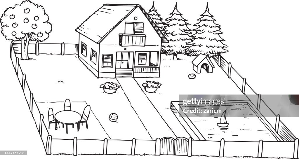 Black And White Sketch Of A House With A Yard High Res Vector Graphic black-and-white-sketch-of-a-house-with-a-yard-high-res-vector-graphic