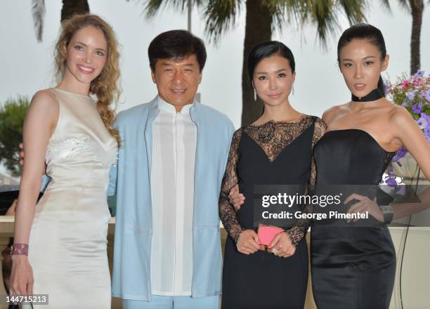 Actress Laura Weissbecker, director Jackie Chan, actress Yao Xingtong and actress Zhang Nan Xin attend the 'Chinese Zodiac' photocall during the 65th...