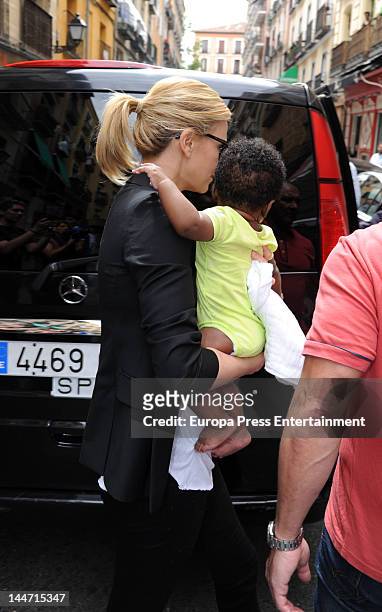 Charlize Theron and her baby Jackson Theron are seen leaving 'Casa Lucio' restaurant on May 17, 2012 in Madrid, Spain.